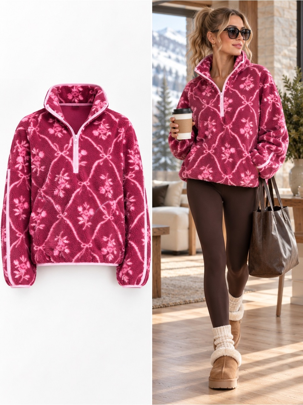 Old Navy Viral Pink Bow Floral Sherpa Quarter Zip Pullover Size Large Cozy Fall